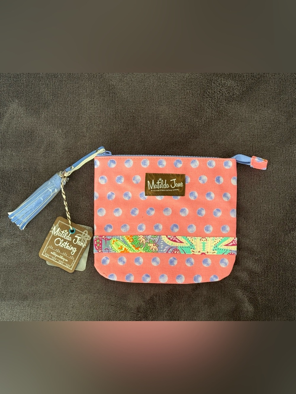 Matilda Jane Coral & Lavender Polka Dot Wrist Pouch with Multicolor Trim